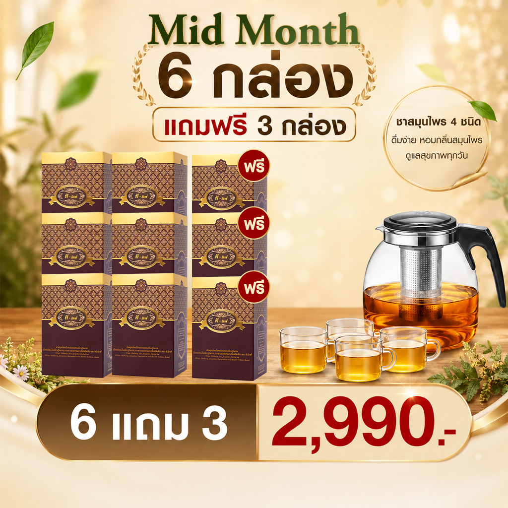 โปร MidMonth 4 กล่องแถม 3 กล่อง (1 กล่อง ประกอบด้วย ชาทีมิกซ์ 10 ซอง) สุขภาพดีอย่างมั่นคง พิเศษ!! แถมกาชงชาพรีเมียม (ขนาดใหญ่) และแก้วชงชา 4 ใบ